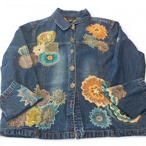 West End Denim Jean Jacket Women's Blue Floral Boho Hippie Appliqué size large